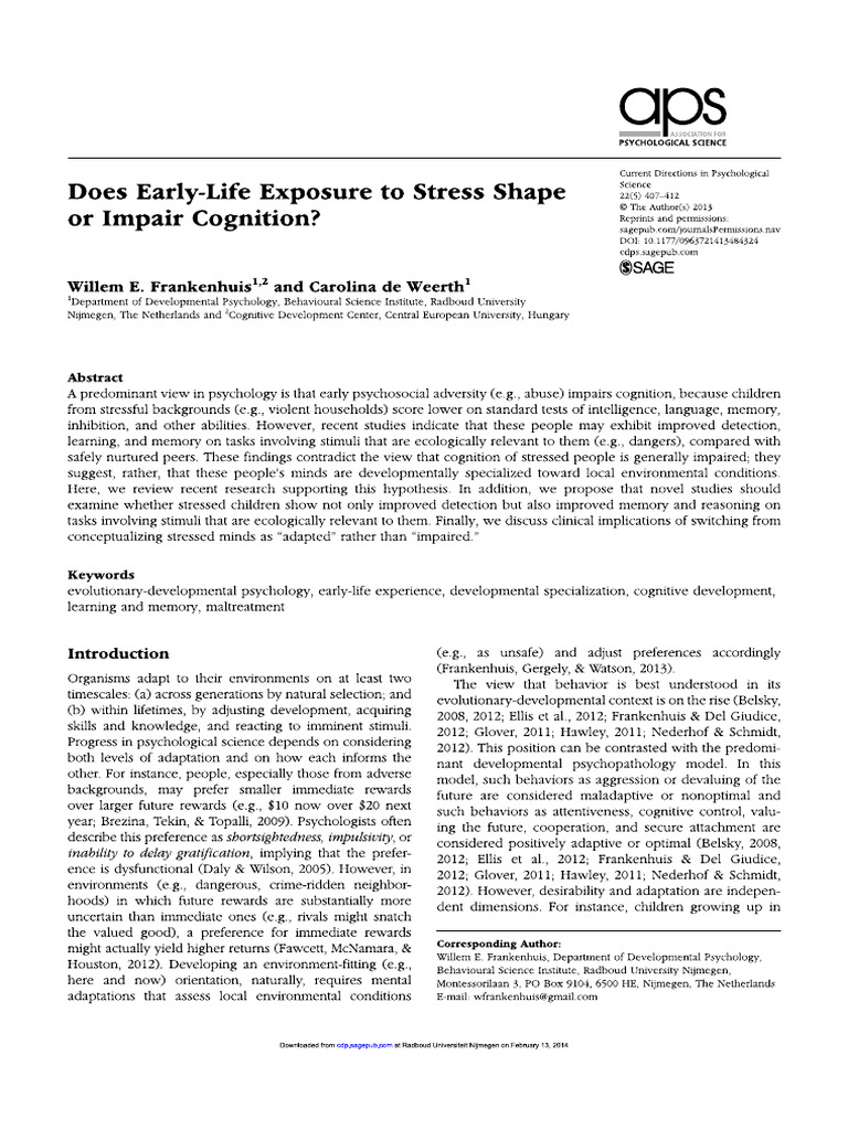 Does Early Life Exposure To Stress Shape | PDF