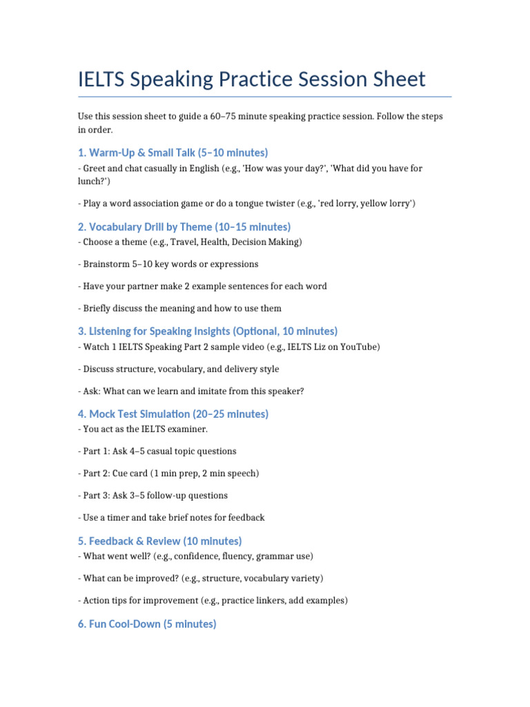 IELTS Speaking Practice Session Sheet | PDF
