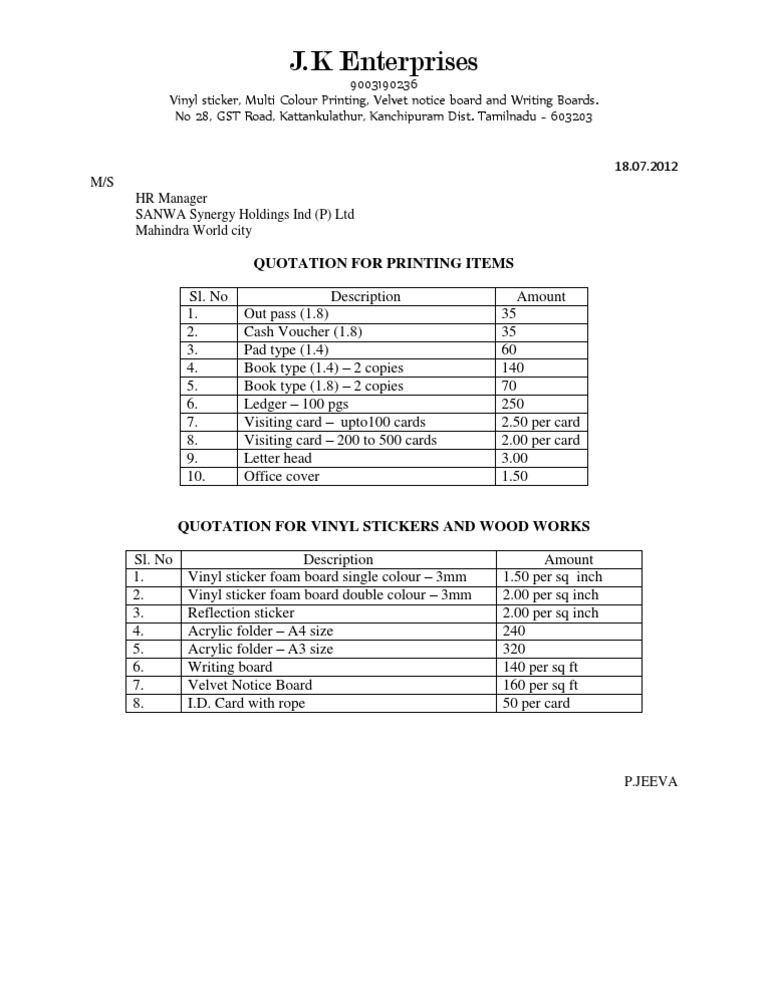 Quotation for Printing & Vinyl Items | PDF