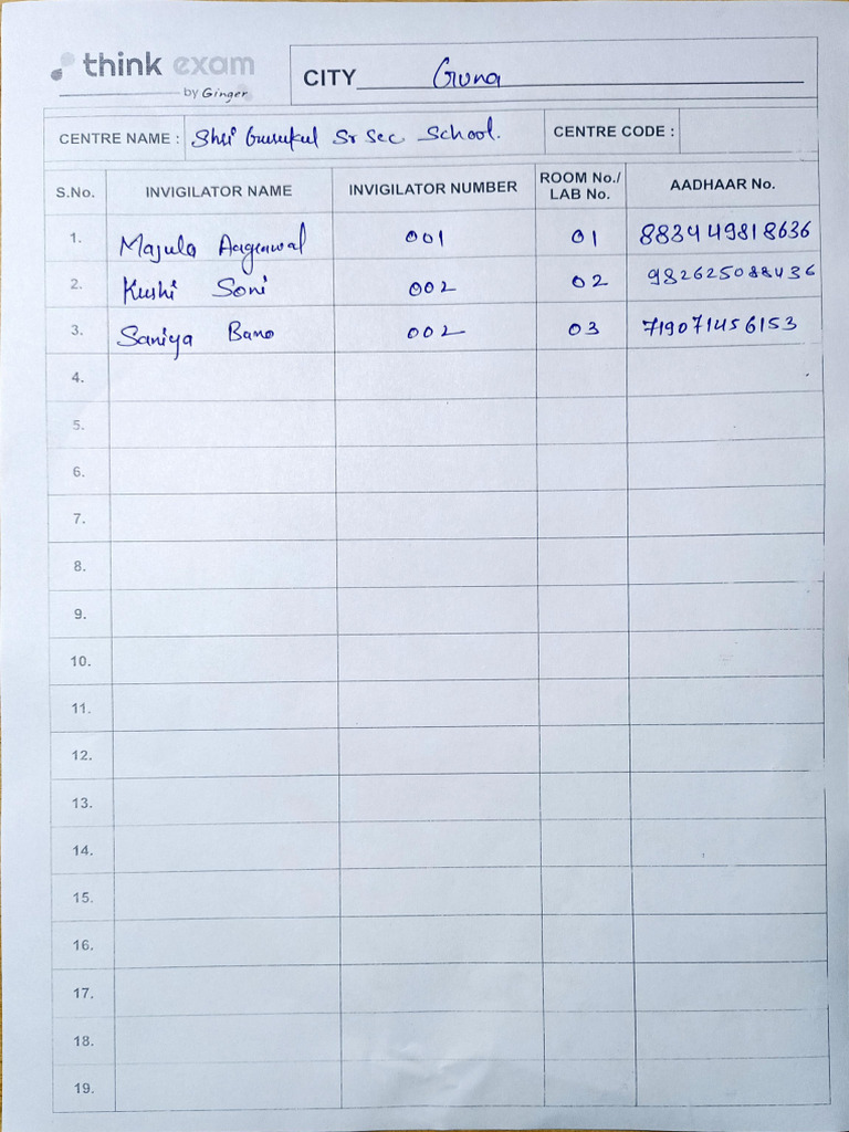 Invigilator Sheet | PDF