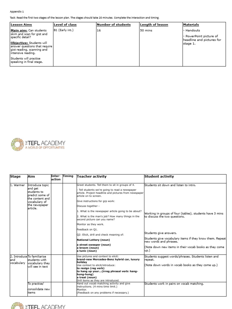 Unit 5 Reading Comprehension Lesson Plan Example - Timings and ...