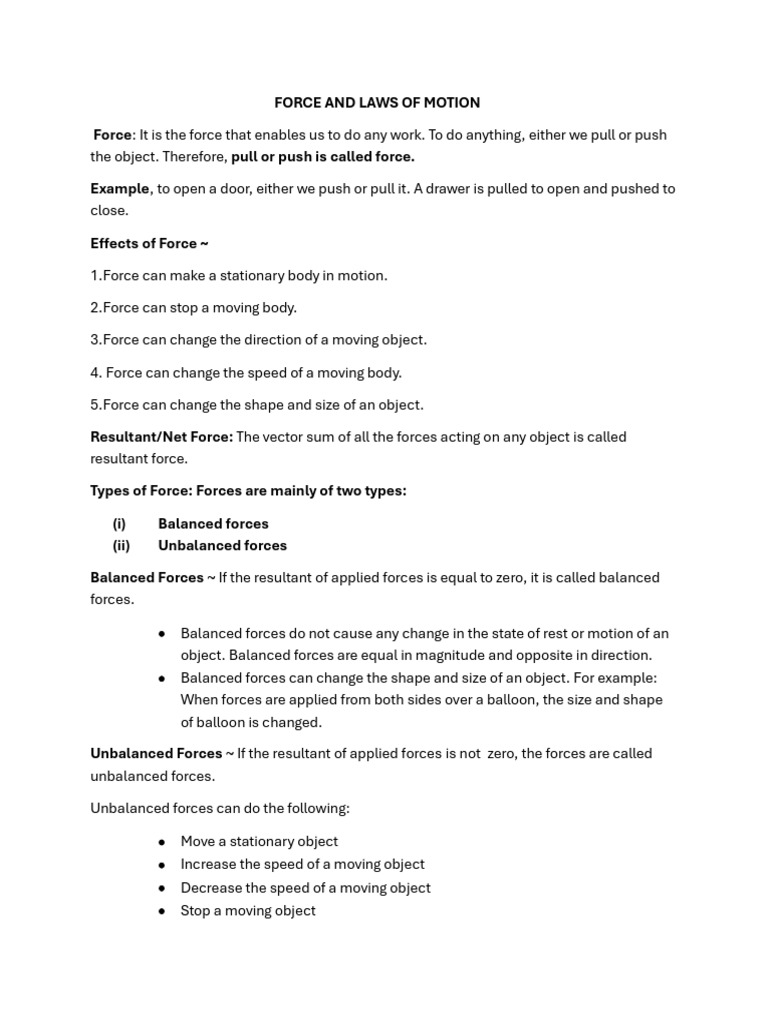 Notes Force and Laws of Motion | PDF | Force | Inertia