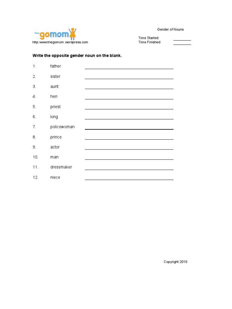 Gender Of Nouns 3 Worksheets