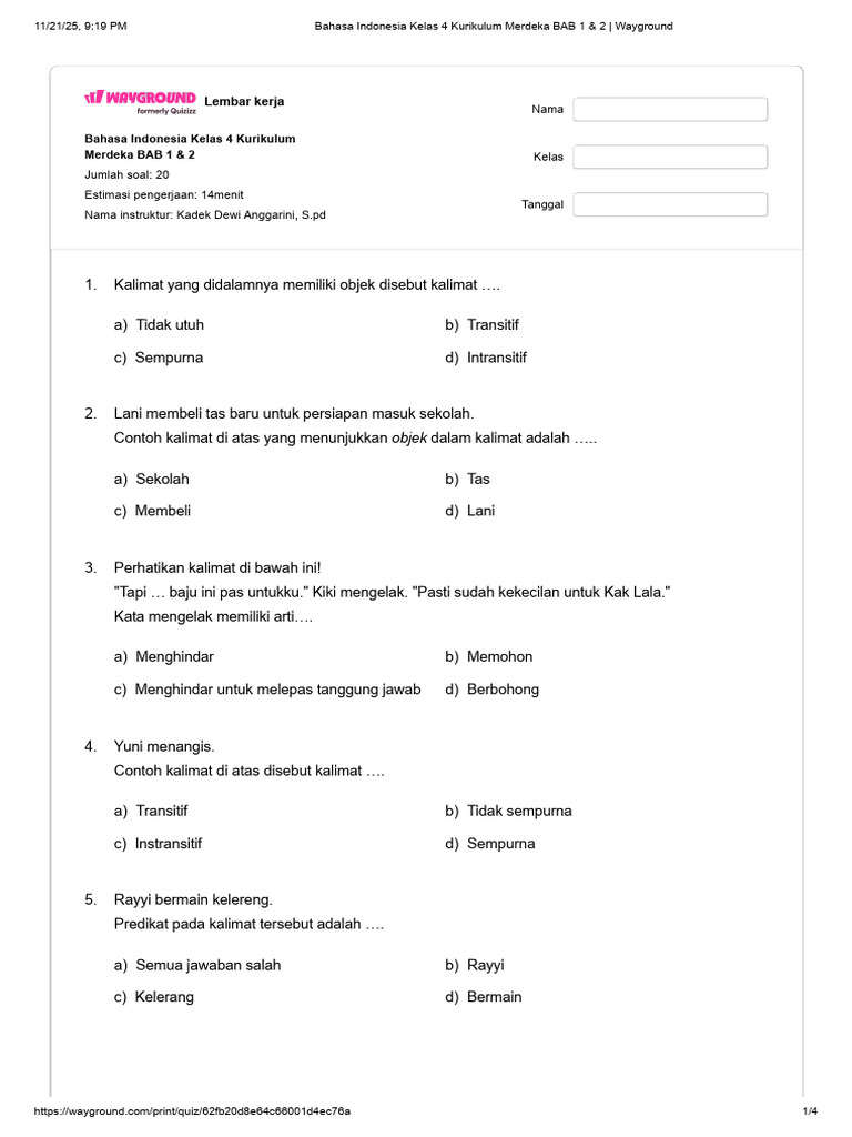 Bahasa Indonesia Kelas 4 Kurikulum Merdeka BAB 1 & 2 - Wayground | PDF