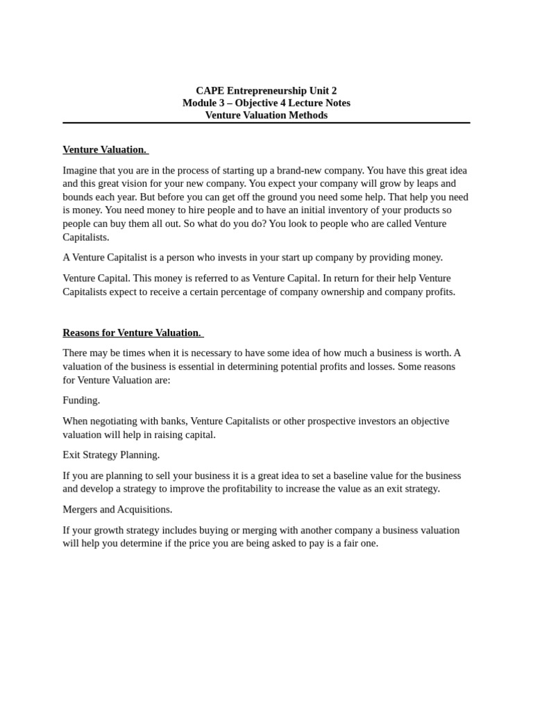 LECTURE NOTES - Module 3 - Obj. 4 - Venture Valuation Methods | PDF ...