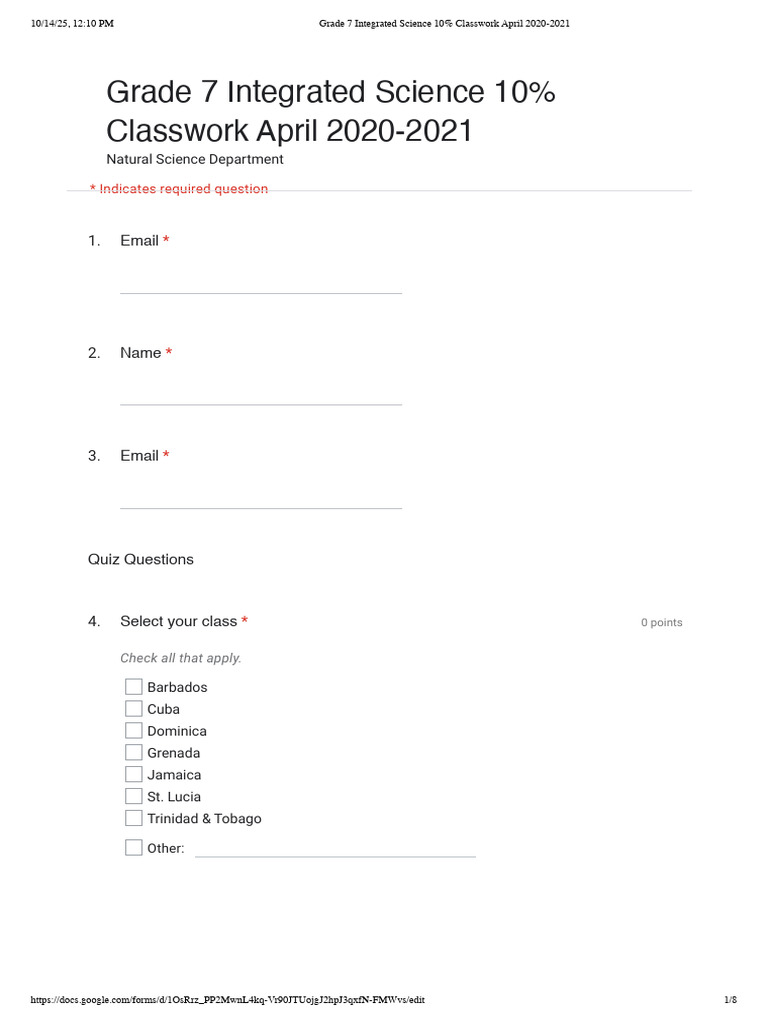 Grade 7 Inte. Science 10% - CW April 2021 - Google Forms | PDF ...