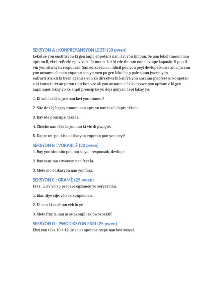 Modele Egzamen 9em Kreyol MENFP 054831 | PDF