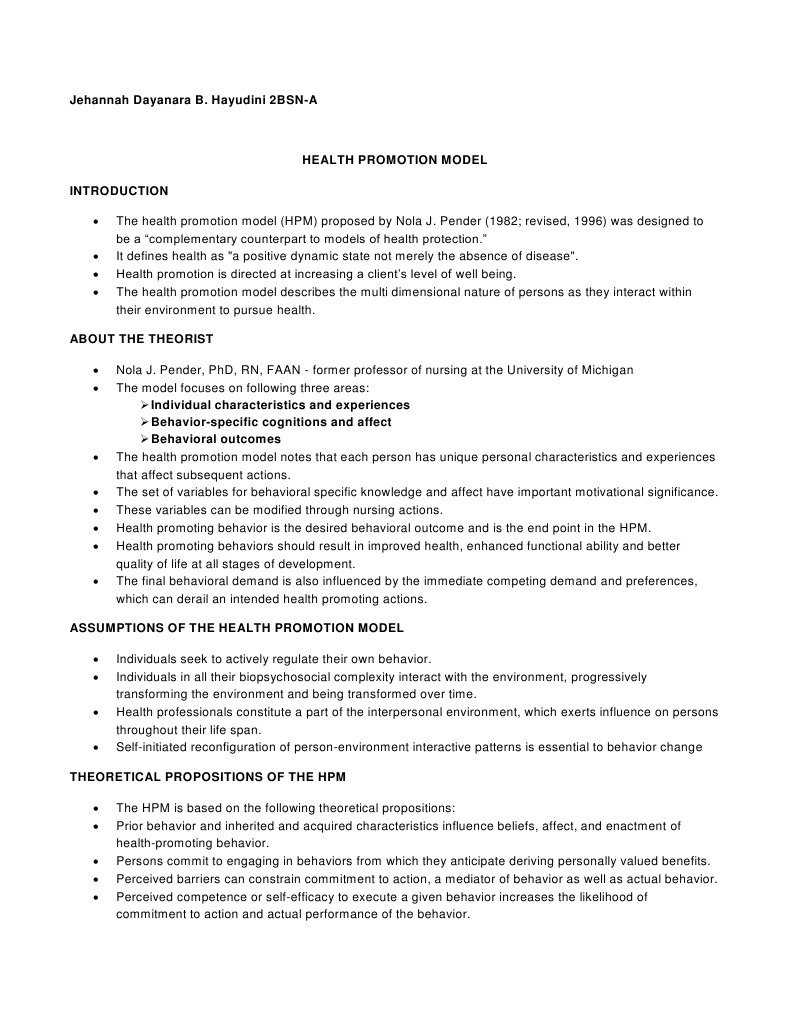 Pender's Health Promotion Model Overview | PDF | Self Efficacy | Affect ...