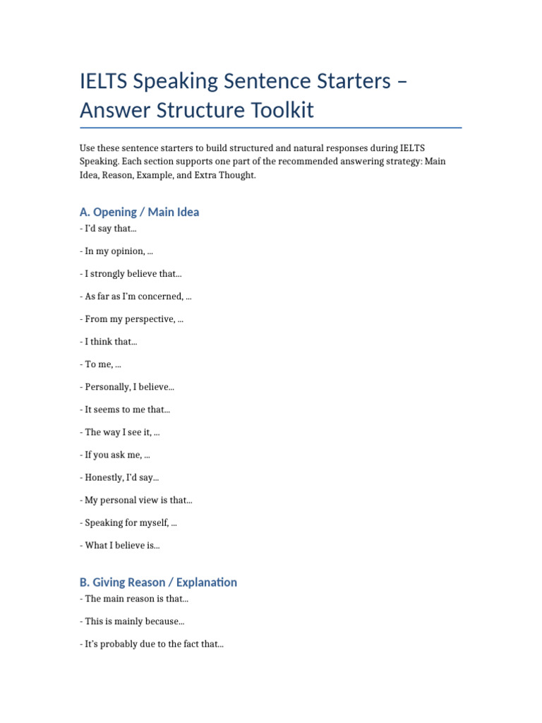 IELTS Speaking Sentence Starters Toolkit | PDF