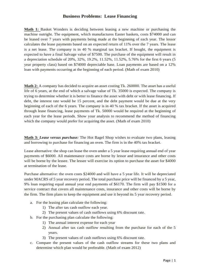Lease Problems Assignment | PDF | Depreciation | Lease