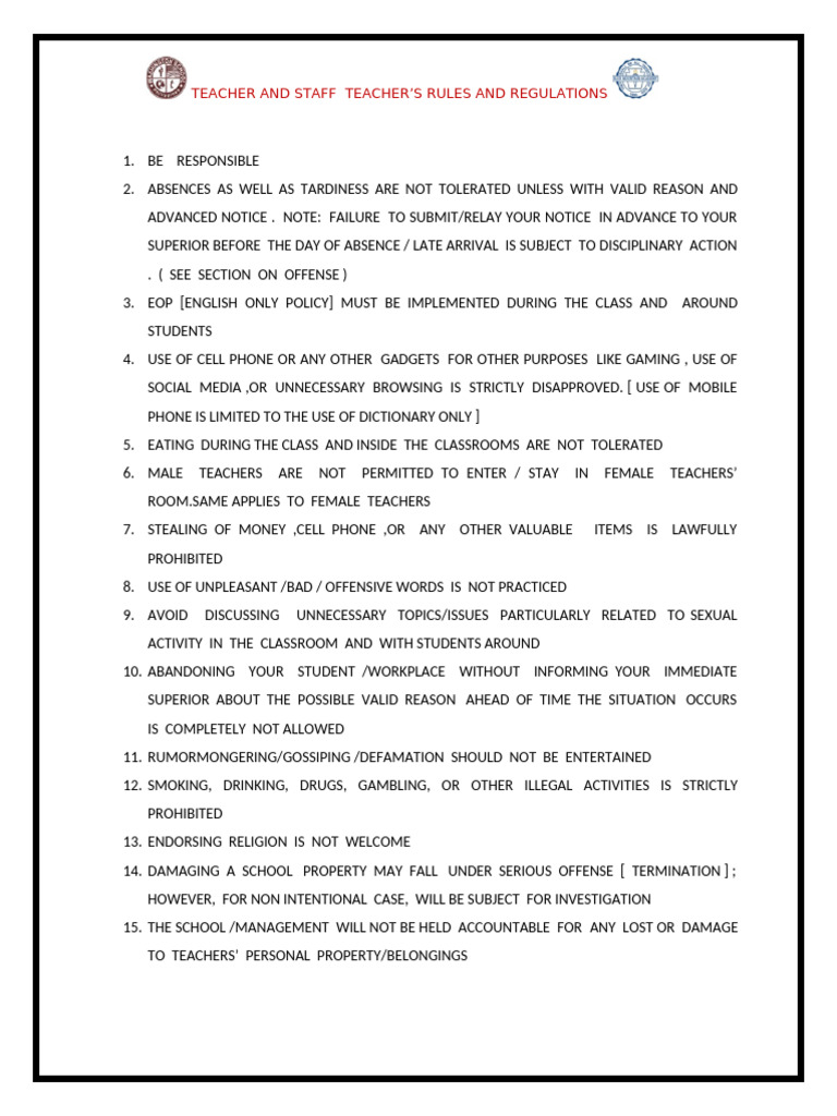 Teacher and Staff Teacher's Rules and Regulations | PDF | Justice ...