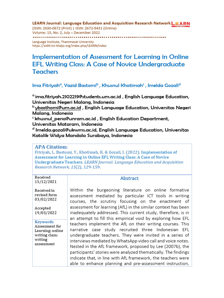 Implementation of Assessment For Learning in Online EFL Writing Class ...