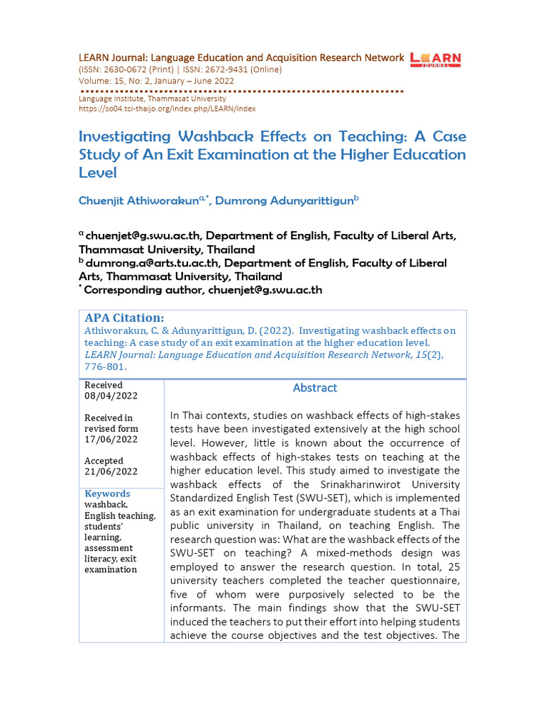 Investigating Washback Effects On Teaching: A Case Study of An Exit ...