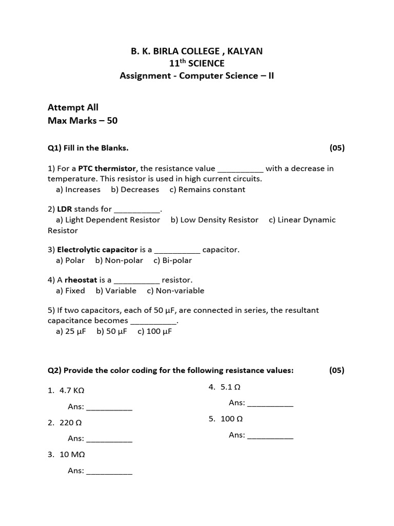 11th CS Paper 2 Assignment | PDF | Resistor | Capacitor