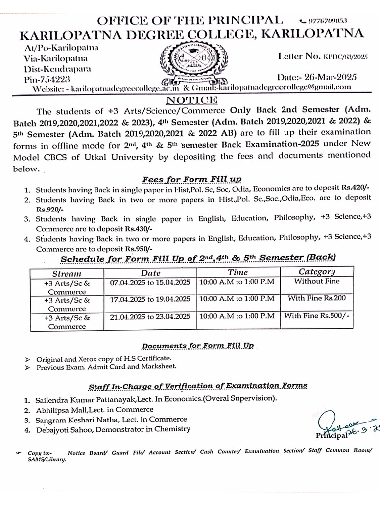 2nd, 4th &5th Semester Only Back Form Fill Up NOTICE | PDF
