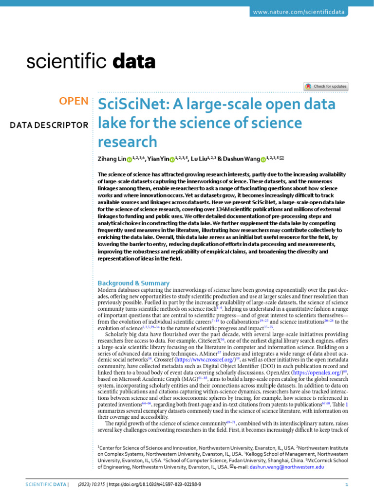 SciSciNet A Large-Scale Open Data Lake For The Science of Science ...
