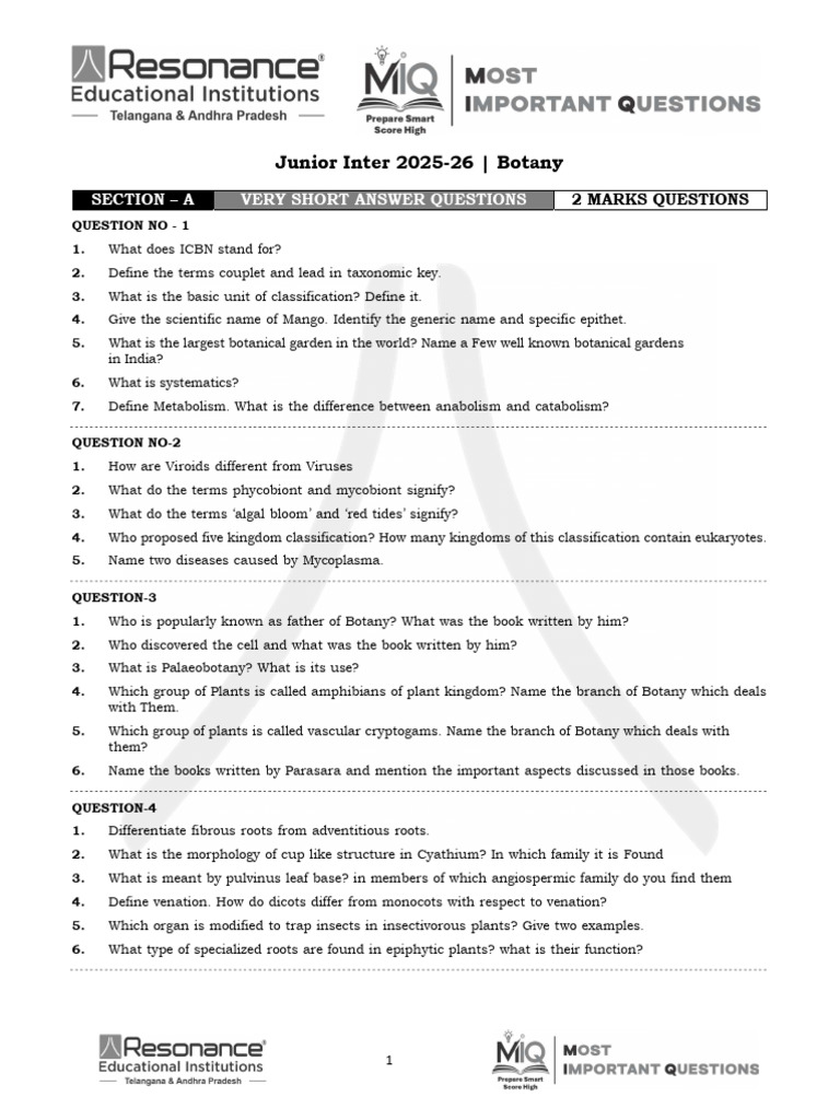 JR Botany - Ipe Important Questions (2025-26) | PDF | Sexual ...