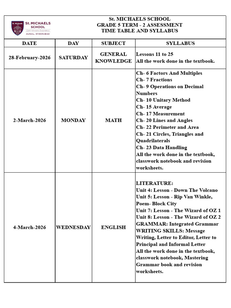 Grade 5 Term 2 Time Table and Syllabus | PDF