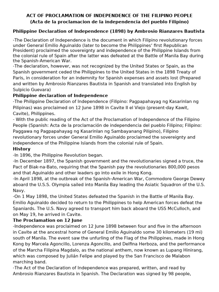Act of Proclamation of Independence of The Filipino People | PDF ...