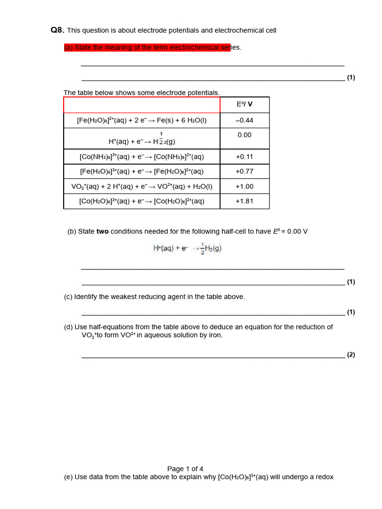Electrode Potentials and Electrochemical Cells Walkthrough Questions ...