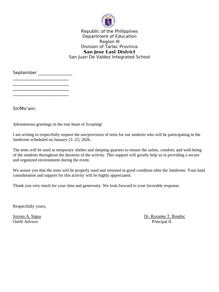 BSP Tent Request Letter | PDF