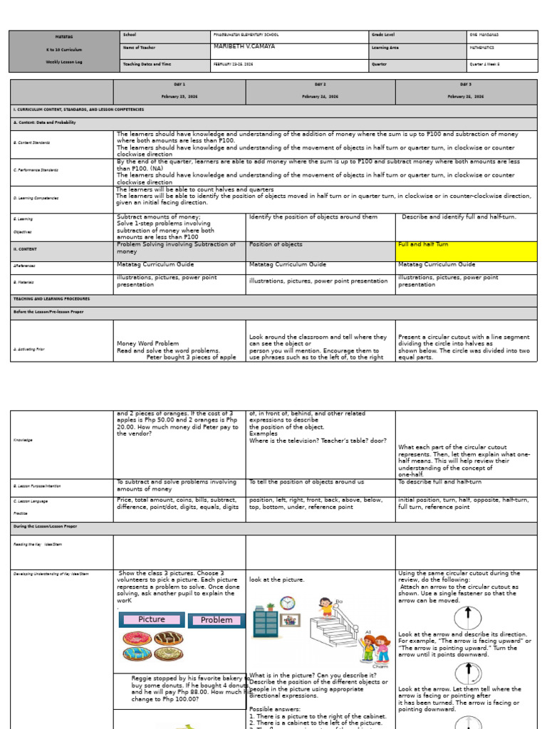 q4 Mathematics Week 5 Feb 23 25 DLL | PDF | Curriculum | Learning