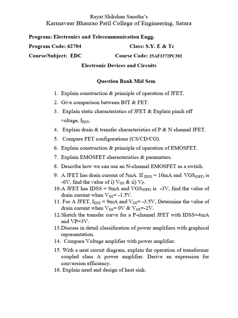 EDC MID SEM Question Bank | PDF
