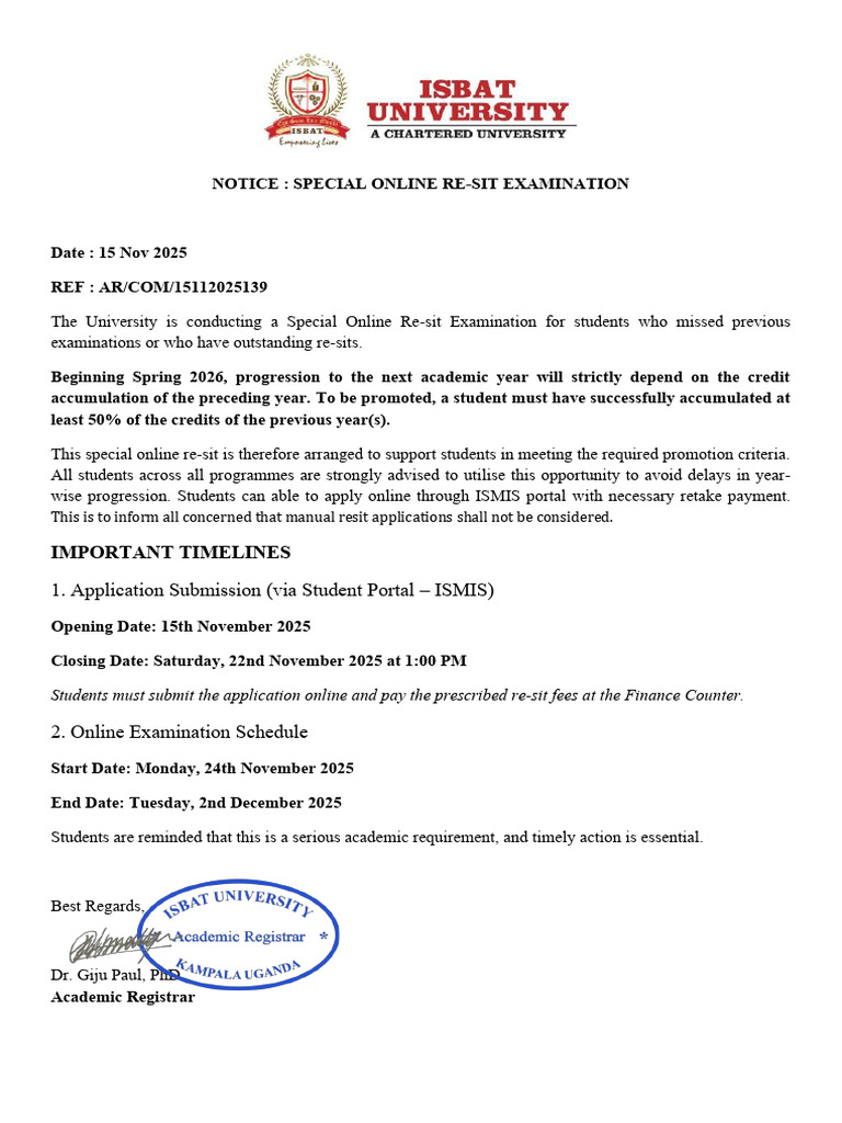 Special Online Resit Notice - Nov - 2025 | PDF