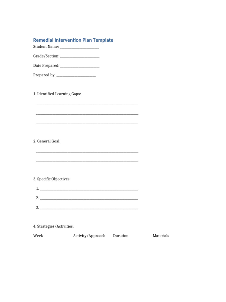Remedial Intervention Plan Template | PDF