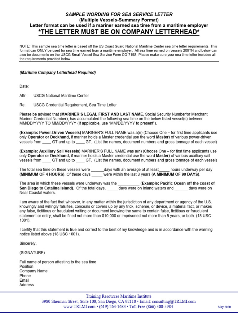 SeaTime Sample Letter SUMMARY Format May 2020 | PDF | Sailor | United ...