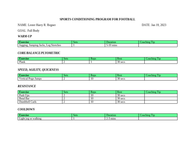 Sports Conditioning Program For Football | PDF