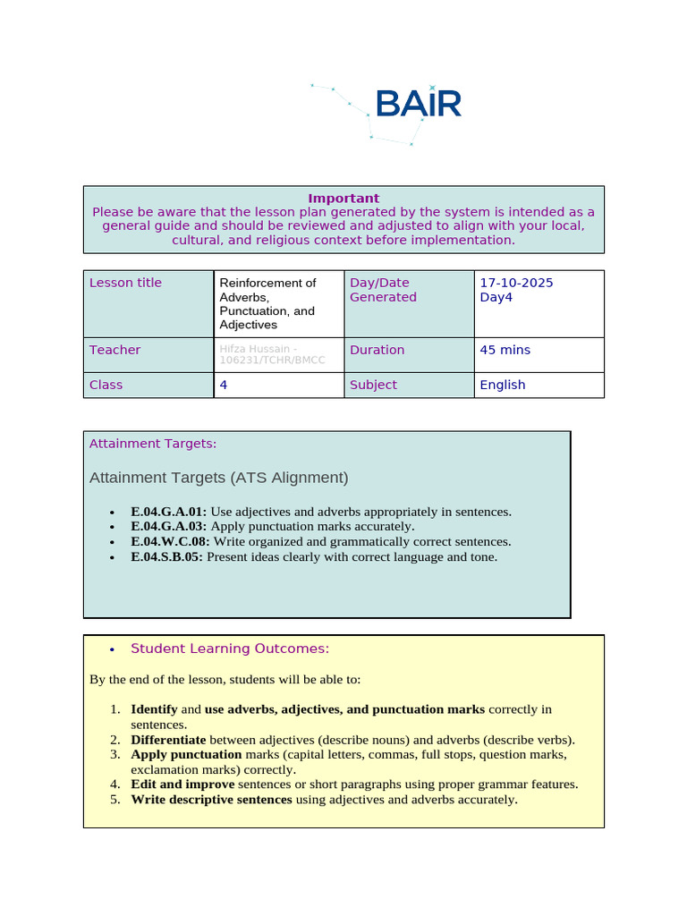 Lesson Plan English Day 4 Week 7 | PDF | Adverb | Adjective