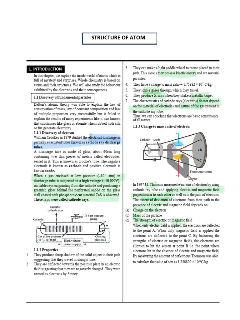 Structure of Atom Notes | PDF | Electron | Vacuum Tube