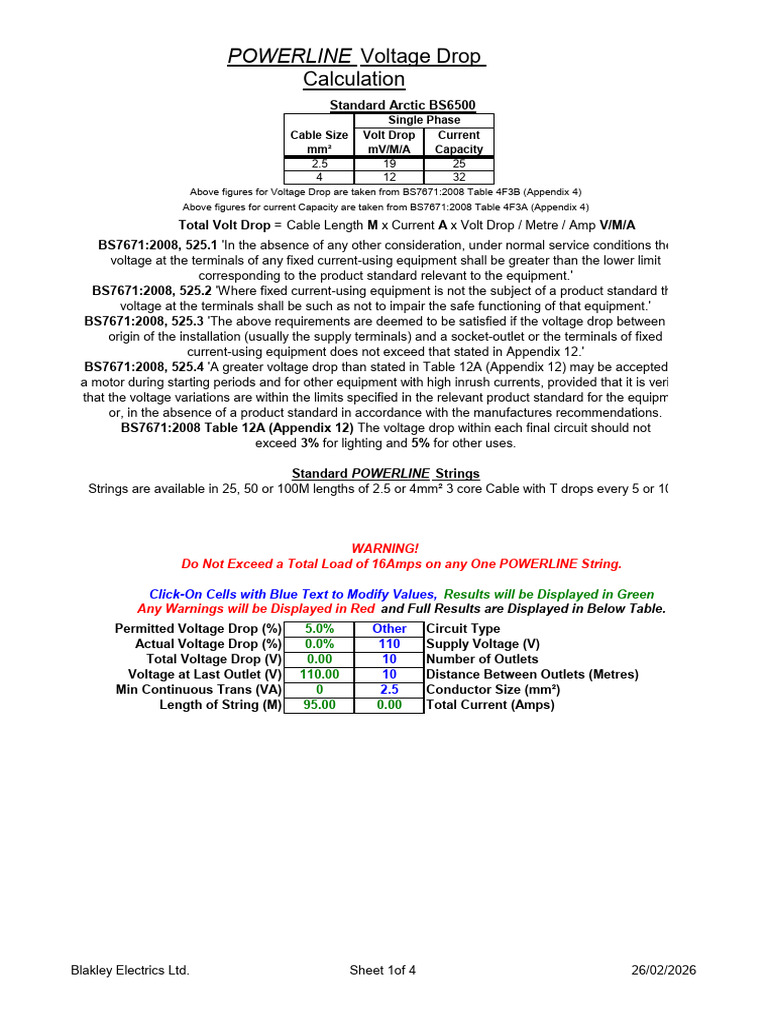 Powerline Voltage Drop Spreadsheet | PDF | Voltage | Electric Current