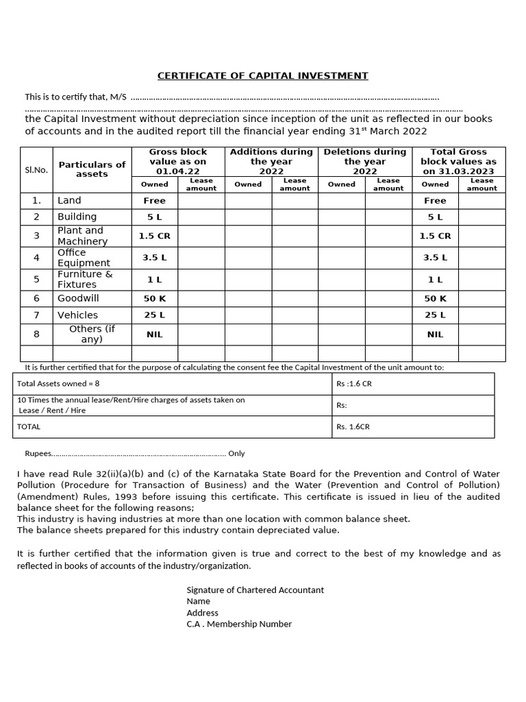1 Certificate of Capital Investment | PDF | Depreciation | Accounting