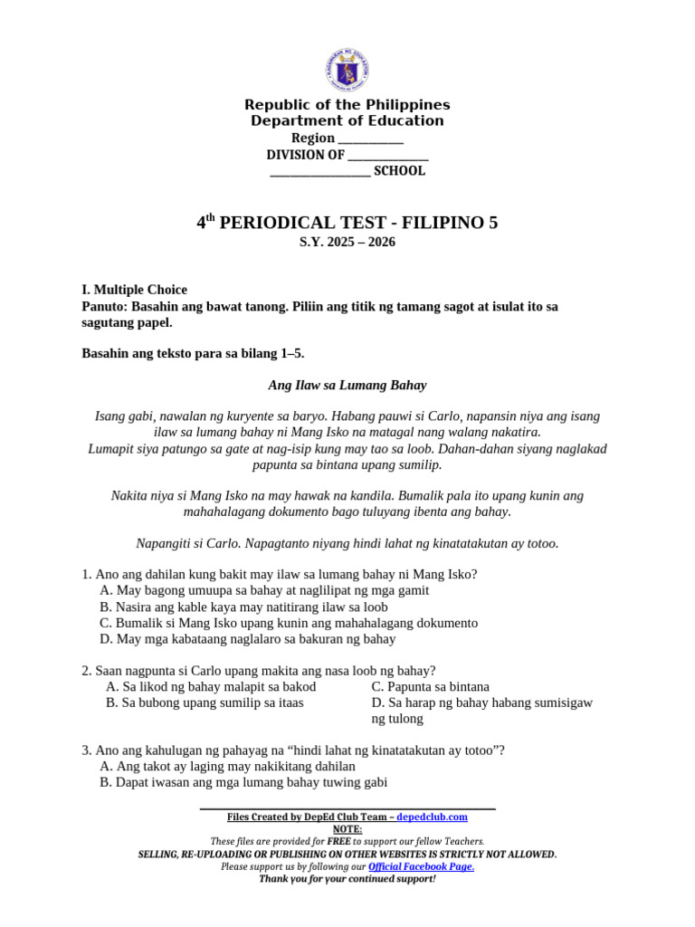 DTC - PT - q4 Filipino 5 Matatag With Tos Key | PDF