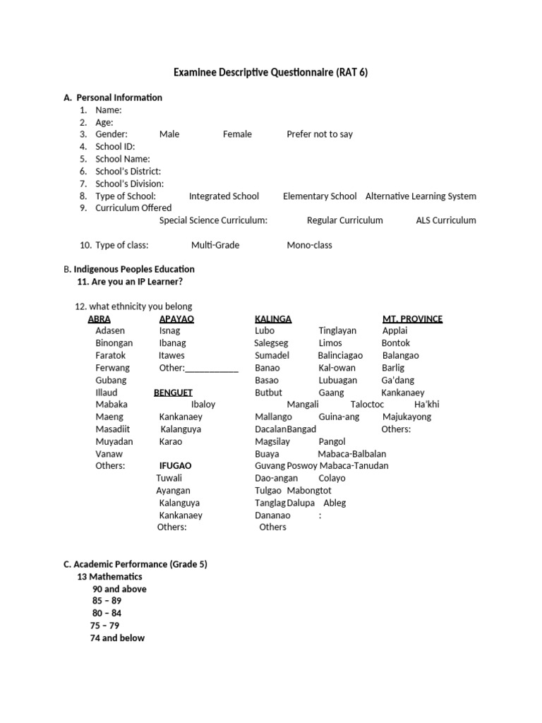Examinee Descriptive Questionnaire Grade 6 2026 | PDF