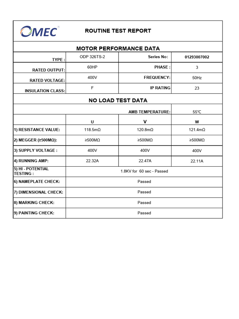Routine Test Report Motor Performance Data: ODP 326TS-2 60HP | PDF