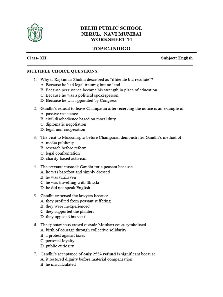 Indigo Worksheet 2025 2026 | PDF | Mahatma Gandhi | Civil Disobedience