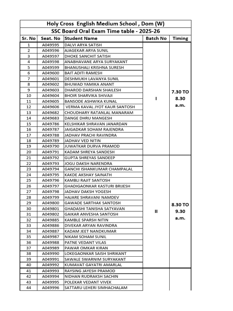 SSC Oral Exam Time Table 2025-26 | PDF