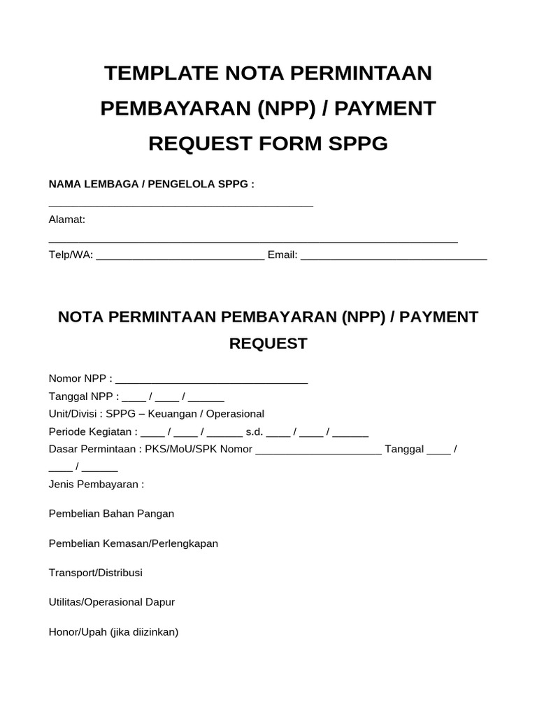 Template Nota Permintaan Pembayaran (NPP) - Payment Request Form SPPG | PDF