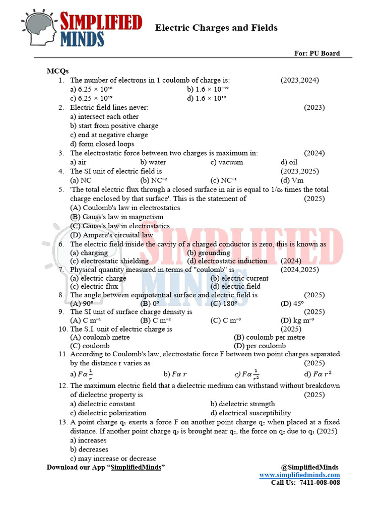 1 Electric Charges and Fields 2ndPUC PYQs | PDF | Electric Field ...
