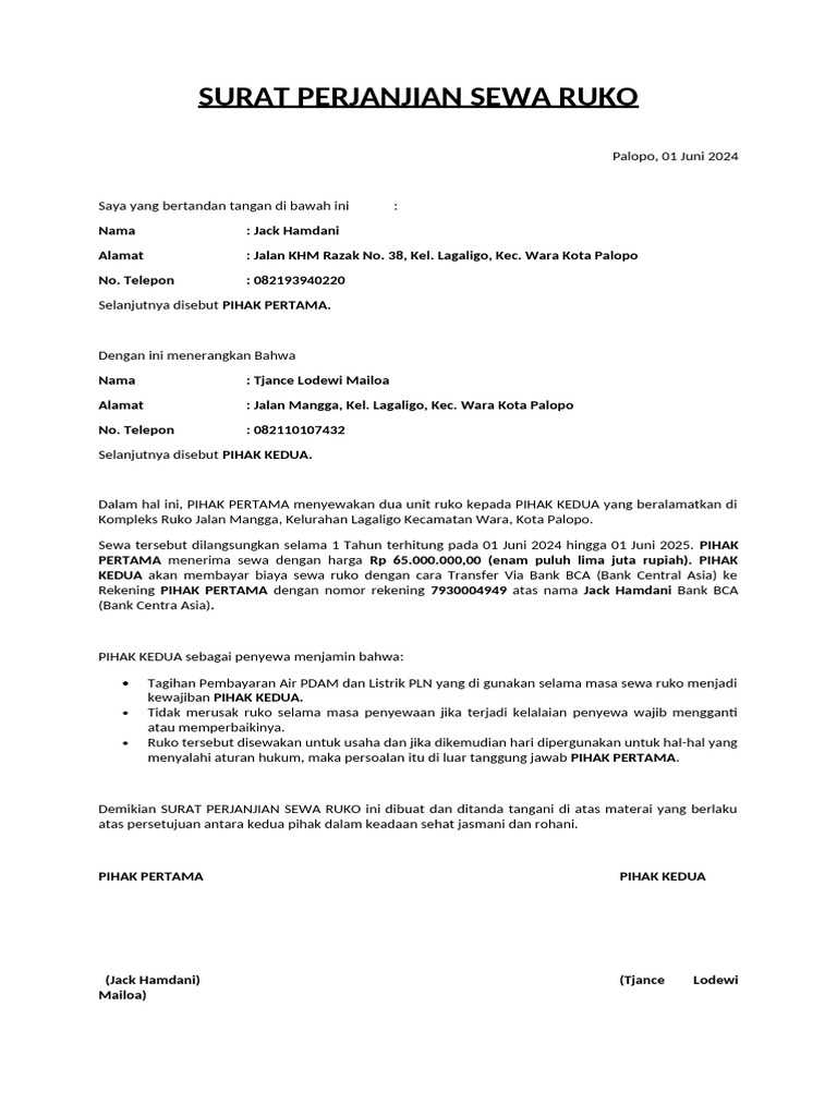 Surat Perjanjian Sewa Ruko | PDF