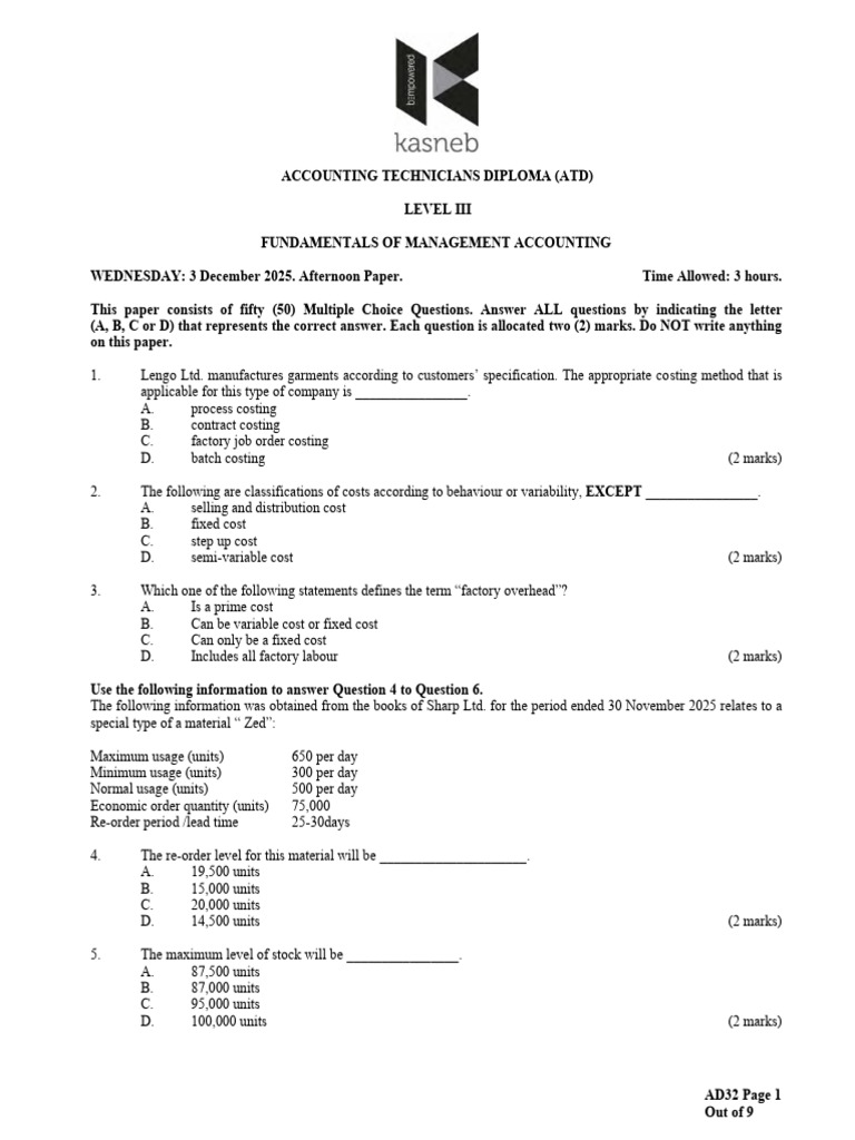 Fundamentals of Management Accounting Past Papers | PDF | Cost Of Goods ...