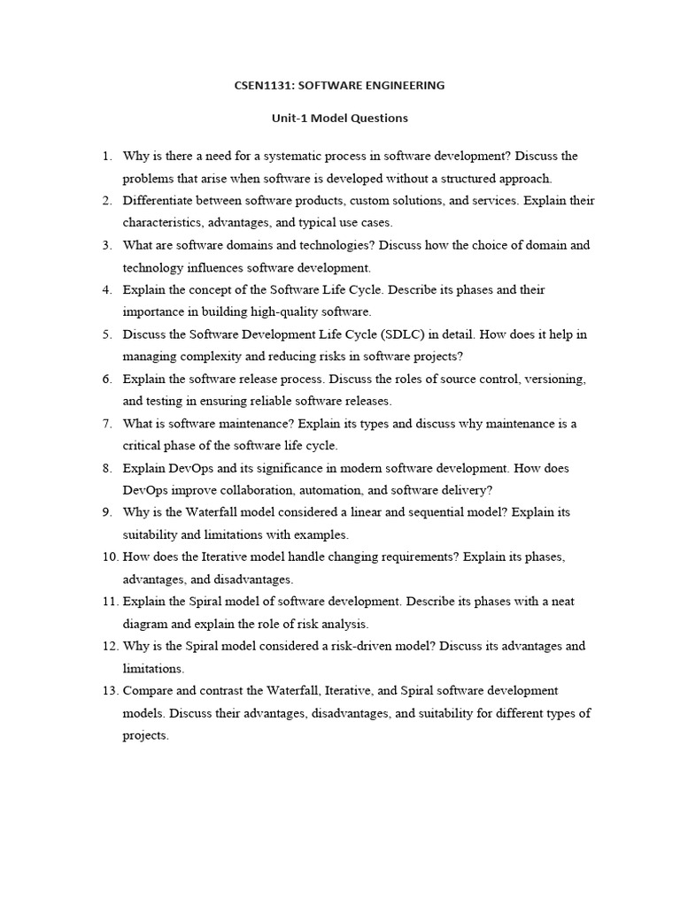 CSEN1131 SE Unit1 Model Questions | PDF