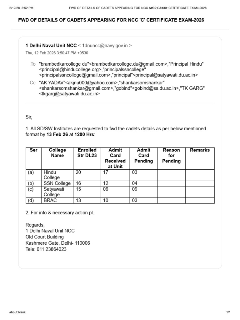 FWD of Details of Cadets Appearing For NCC 'C' Certificate Exam-2026 | PDF