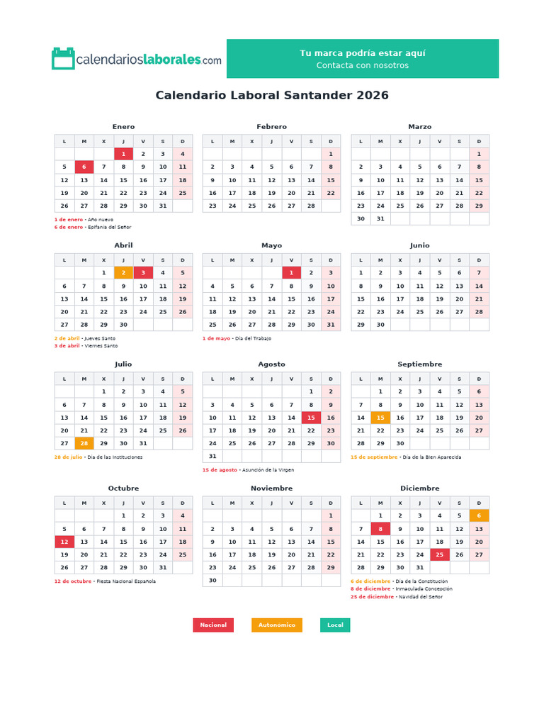 Calendario Laboral Santander 2026 PDF | PDF | Fiestas cristianas y días ...