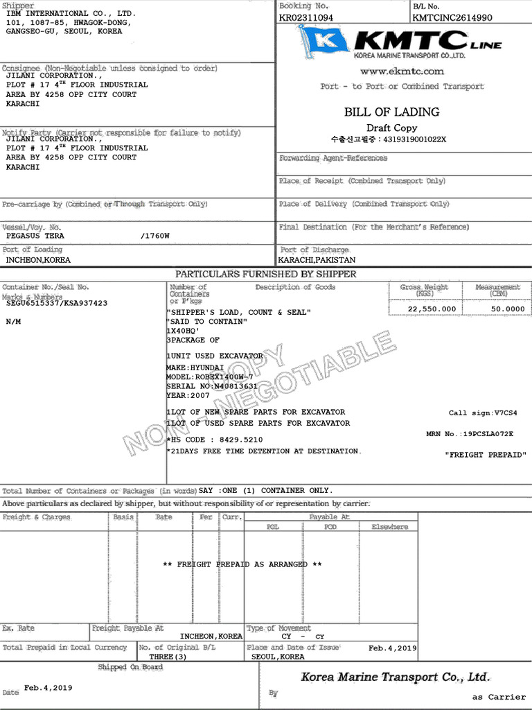 Bill of Lading: Draft | PDF