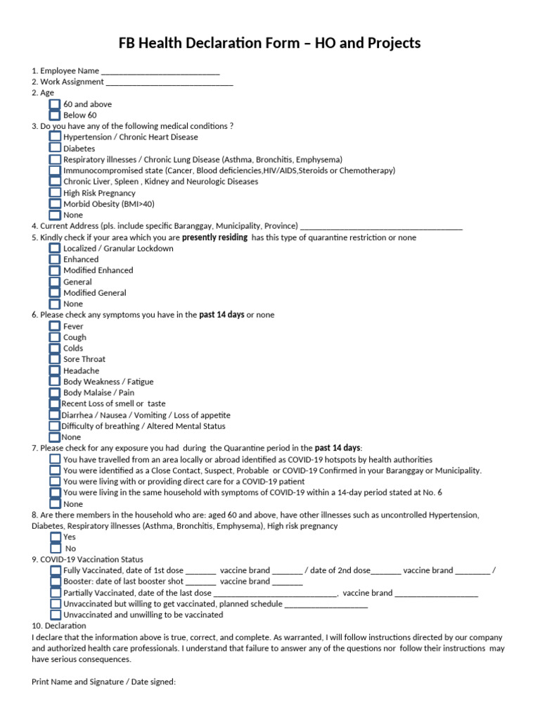 COVID-19 Health Declaration Form | PDF | Chronic Obstructive Pulmonary ...