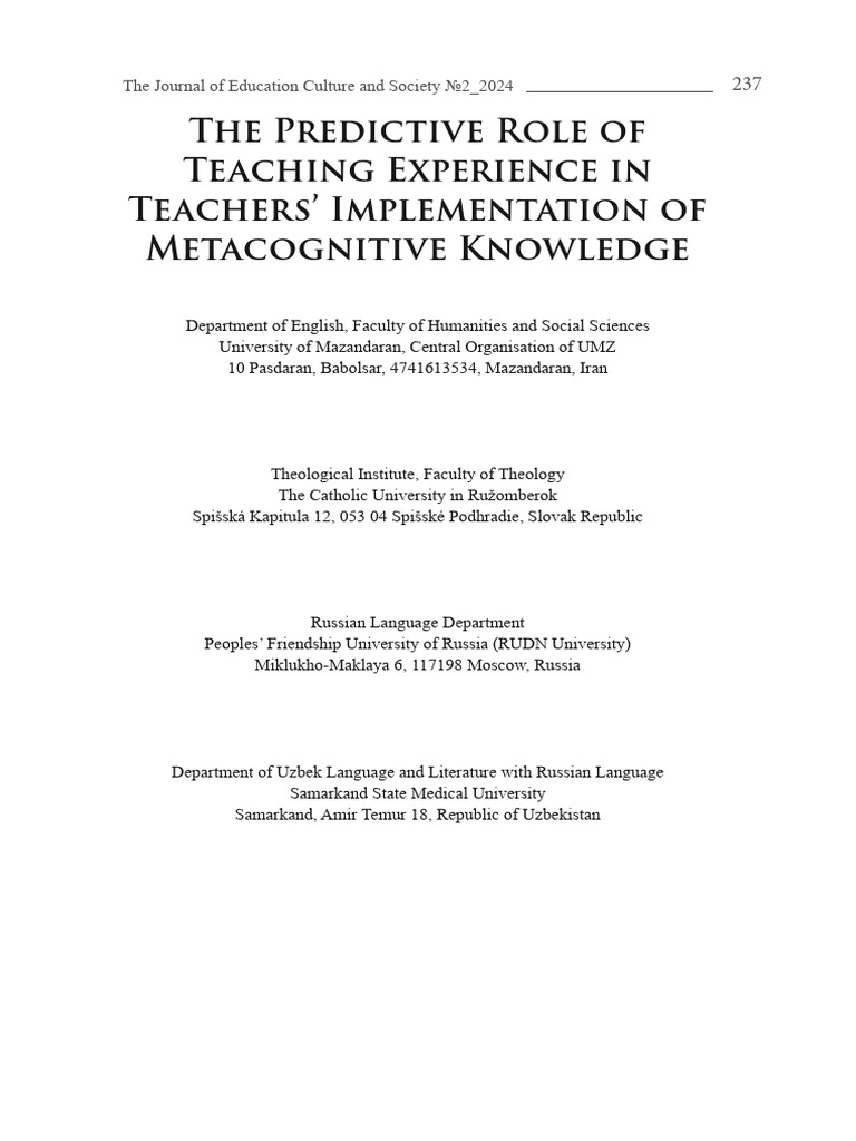 The Predictive Role of Teaching Experience in Teachers' Implementation ...